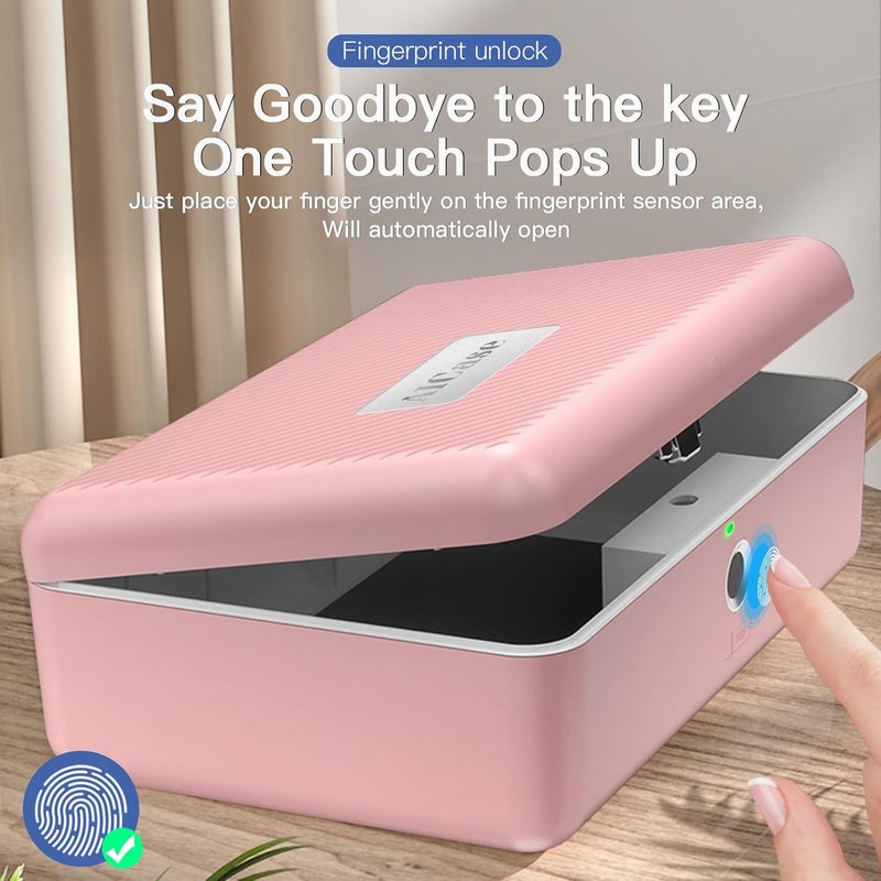 AICase Biometric Fingerprint Storage Box, Portable Jewelry Cash Safe Storage Box, Rechargeable Lock Box for Car Home Office Travel (Pink) - Image 3